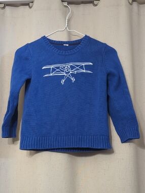 Royal Blue Knit Sweater with White Airplane Embroidery